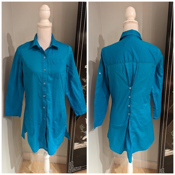 Lands' End Long Tunic Womens XS Blue ButtonUp Long Sleeve LightWeight Cotton 131 - Picture 1 of 15